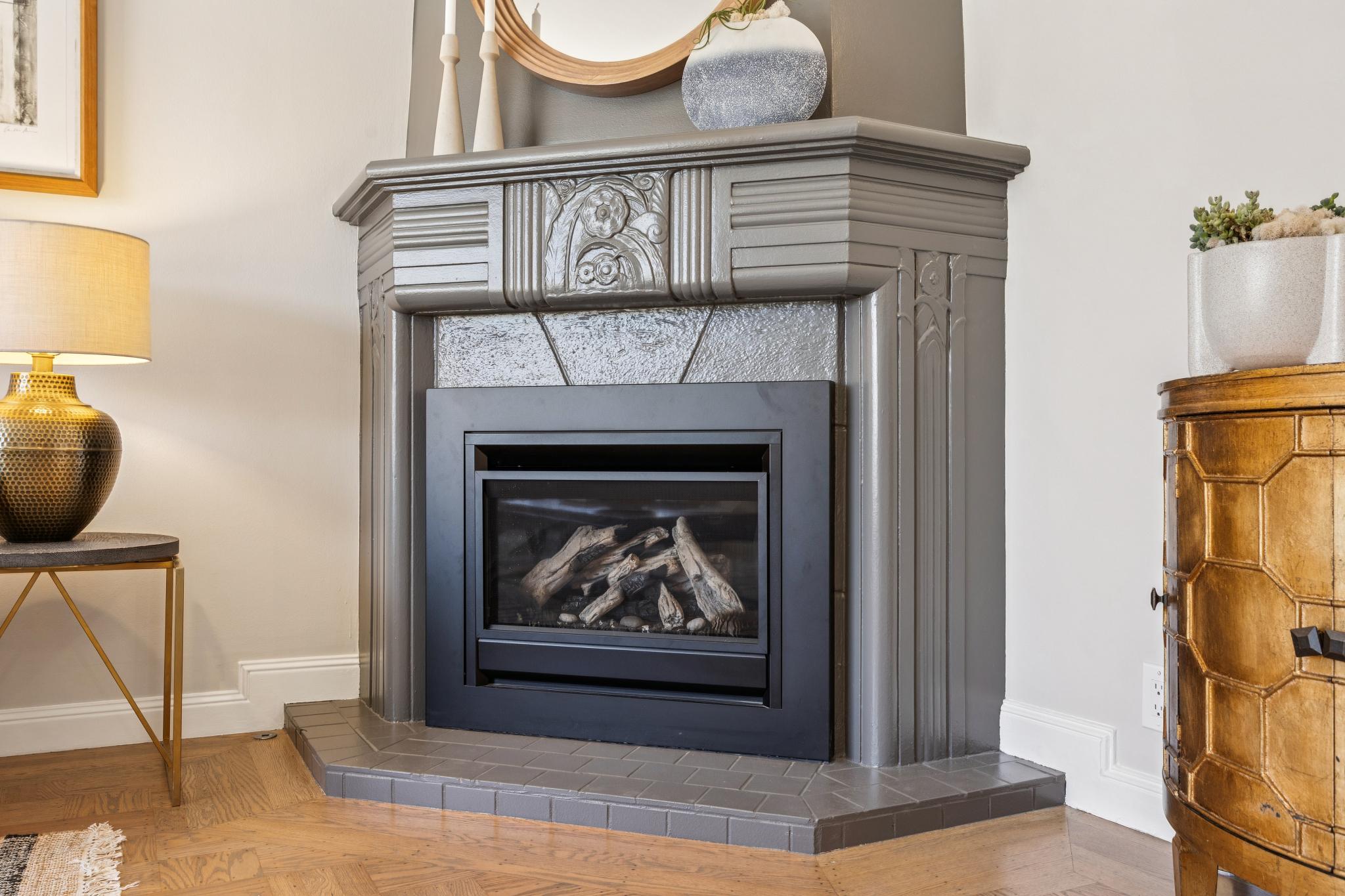 Fireplace detail inside 1701 40th Avenue in San Francisco