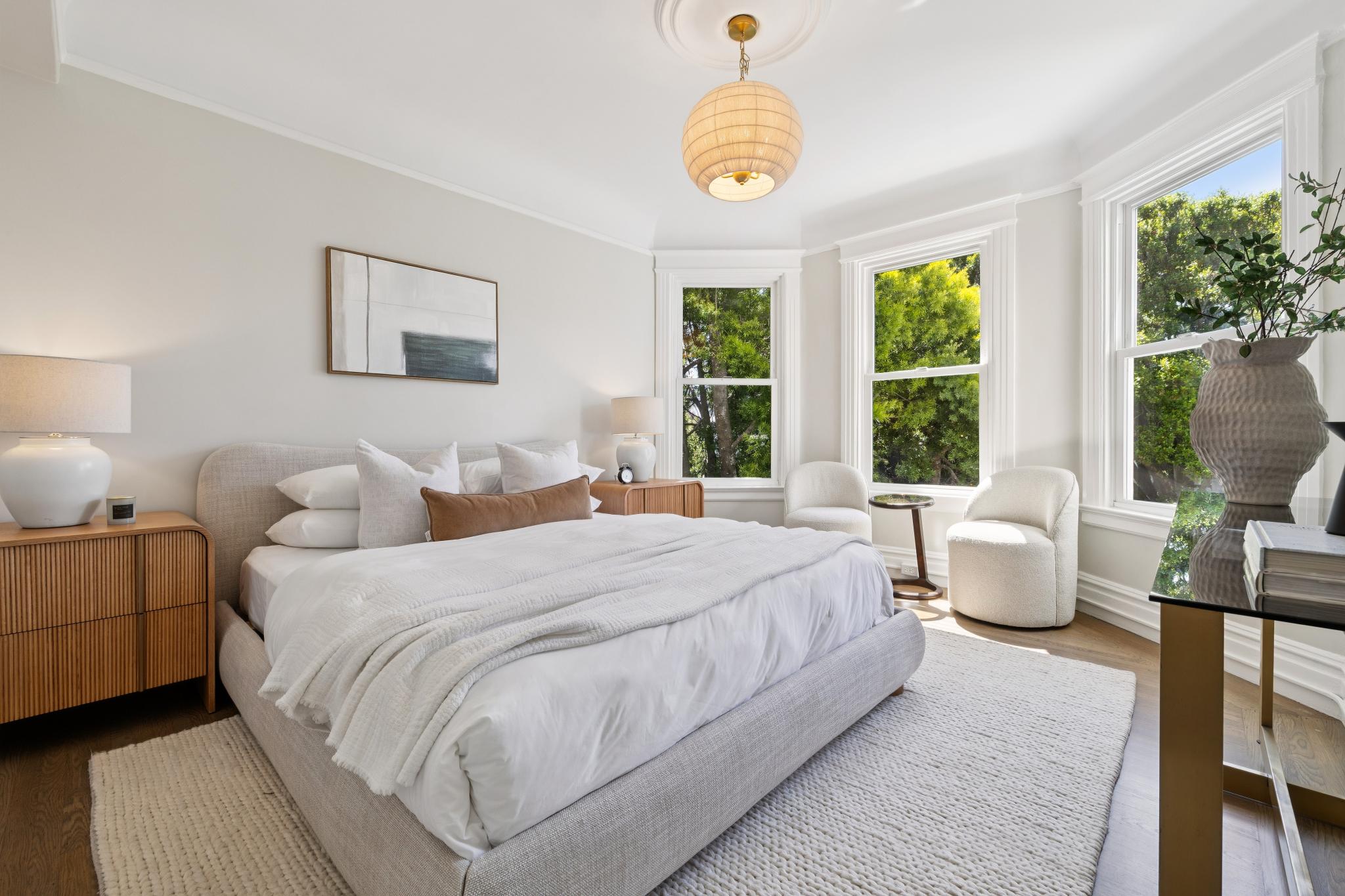 Staged bedroom showing scale and furniture placement in a San Francisco home